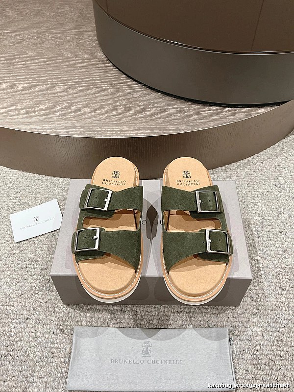 Brunello Cucinelli Casual Style Army Green Double-Buckle Slide Sandals