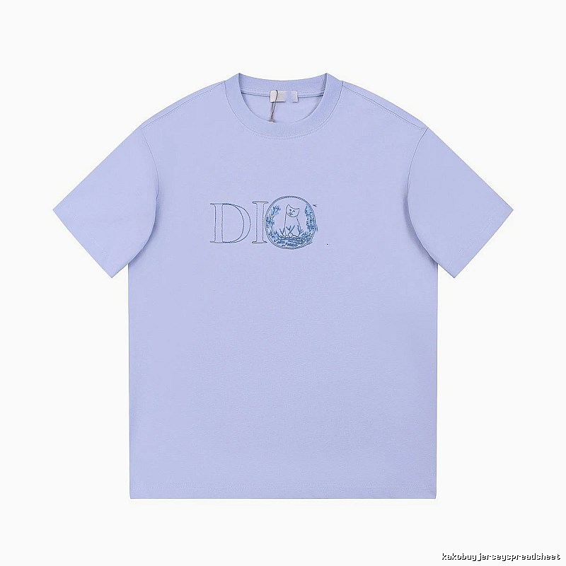 Dior Cat-Embroidered Casual Light Purple Short-sleeve T-Shirt