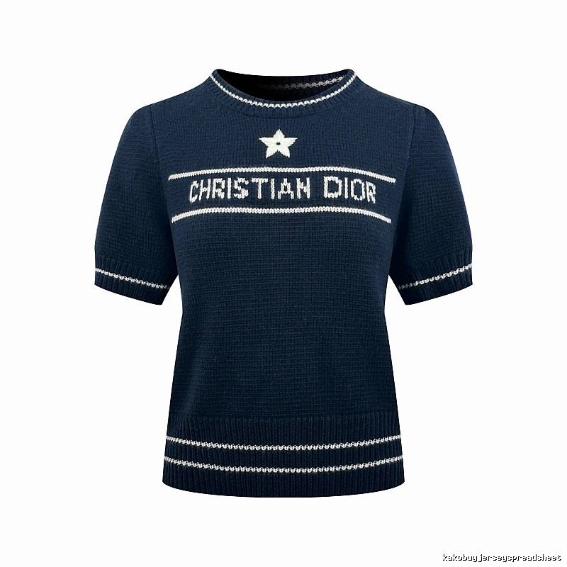 Dior Short Sleeve Knit Sweater with Cream Trim and Star Detail