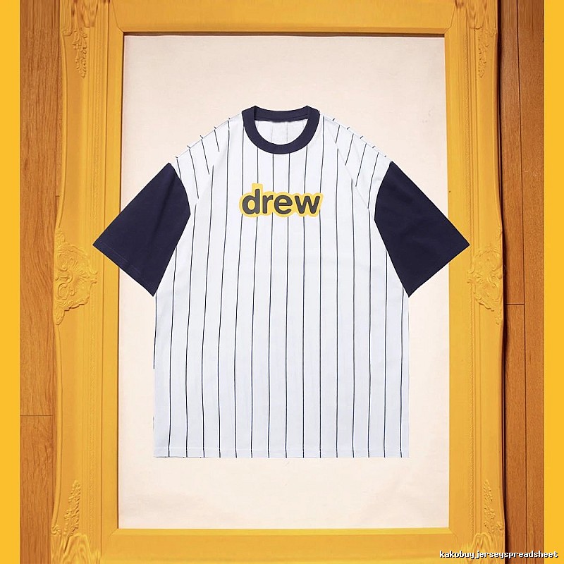 DREW Letter Print Street Style White and Navy Blue Short Sleeve T-Shirt