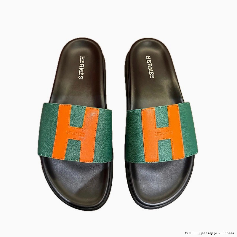 Hermès H Collection Casual Style Green and Orange Color-block Slide Sandals