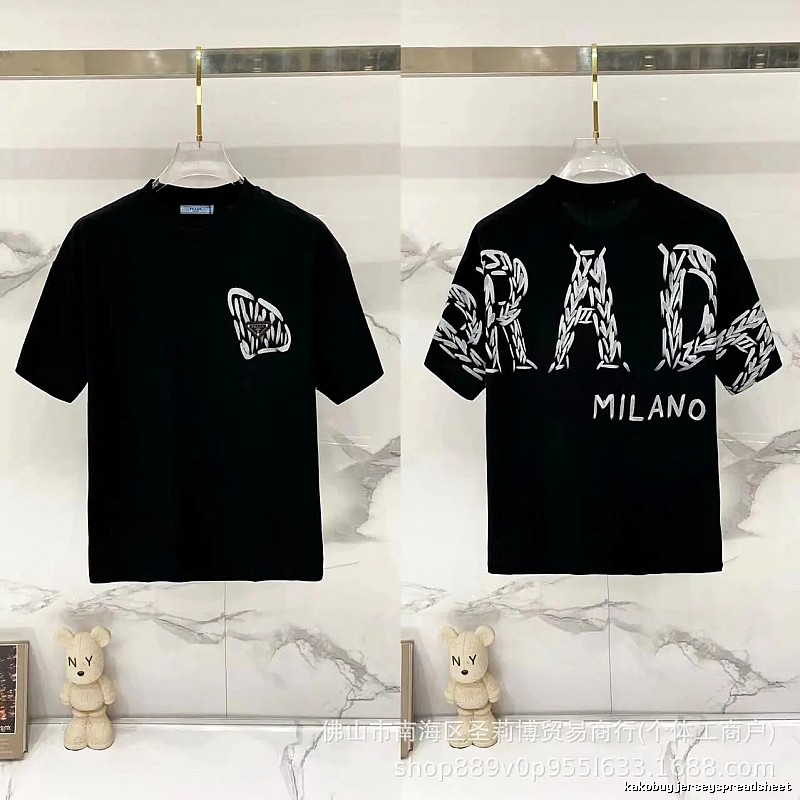 Prada Embroidered Streetwear Style Black Short-sleeve T-shirt