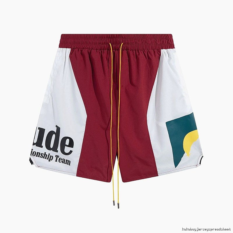 RHUDE retro-style red and white shorts