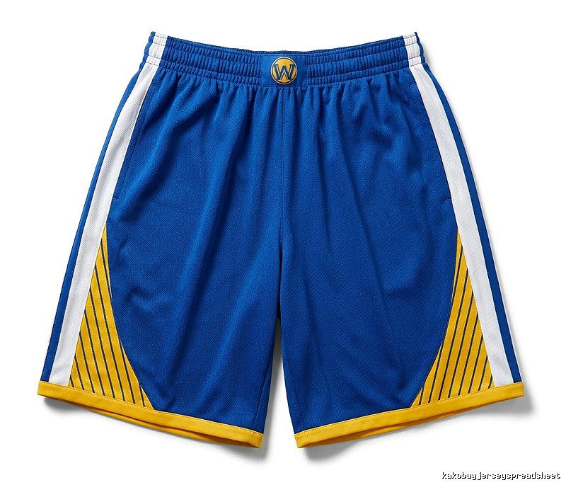 The blue, white and yellow shorts of the Golden State Warriors for Curry.